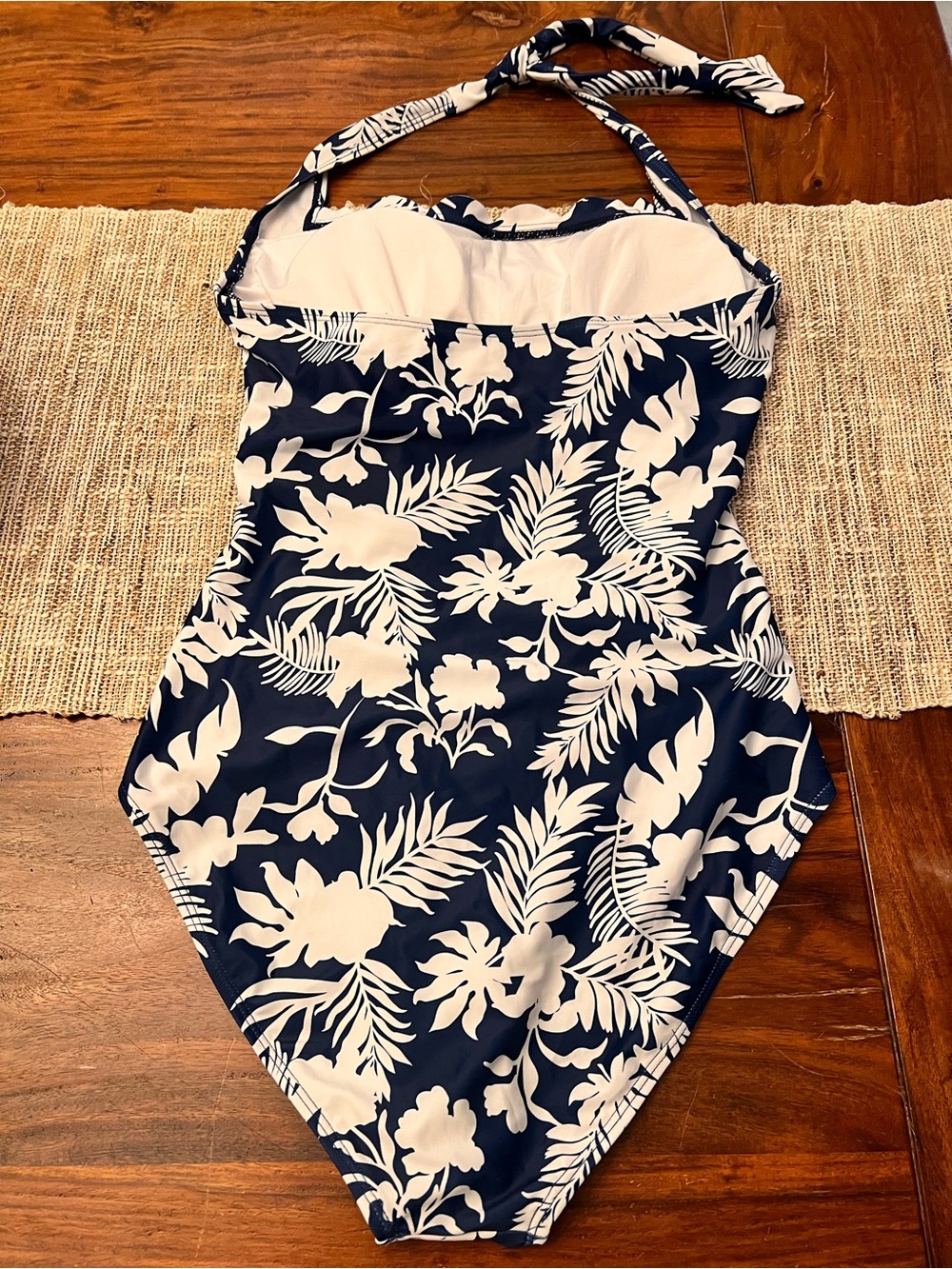 Navy & White Tropical Halter One-Piece Swimsuit - Picture 2 of 5